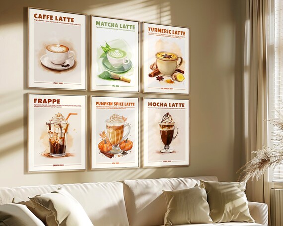 Coffee Print Set of 6 Retro Poster Caffe Latte Matcha Turmeric