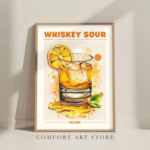 ウイスキーサワーカクテルプリント。クラシックなアルコールカクテル。レトロなカクテル展示会ポスター、ホームバーカートの装飾。ウイスキーサワーカクテルの印刷可能