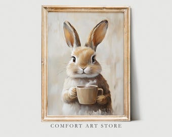 Impresión de conejito de Pascua, lindo conejo de Pascua, escena primaveral, conejito de Pascua y taza de chocolate caliente, decoración de guardería, arte de pared de Pascua, arte imprimible de Pascua vintage
