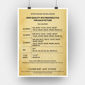 May include: A beige printable file with text detailing print sizes available after purchase. Sizes include 4x5, 8x10, 11x14, 12x15, 16x20 inches, and more. The file is from Comfort Art Store.