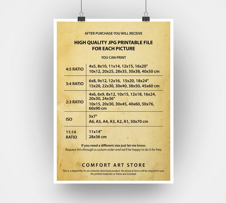 May include: A beige printable file with text detailing print sizes available after purchase. Sizes include 4x5, 8x10, 11x14, 12x15, 16x20 inches, and more. The file is from Comfort Art Store.