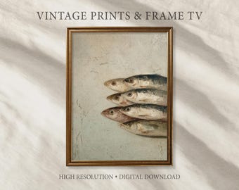 Vintage fish still life painting, minimalist kitchen wall art, antique oil style seafood illustration in neutral beige taupe