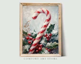 Vintage Christmas Candy Cane Print Christmas Wall Art Winter Holiday Decor Antique Christmas Holly Berries Oil Painting Candy Cane Print Art