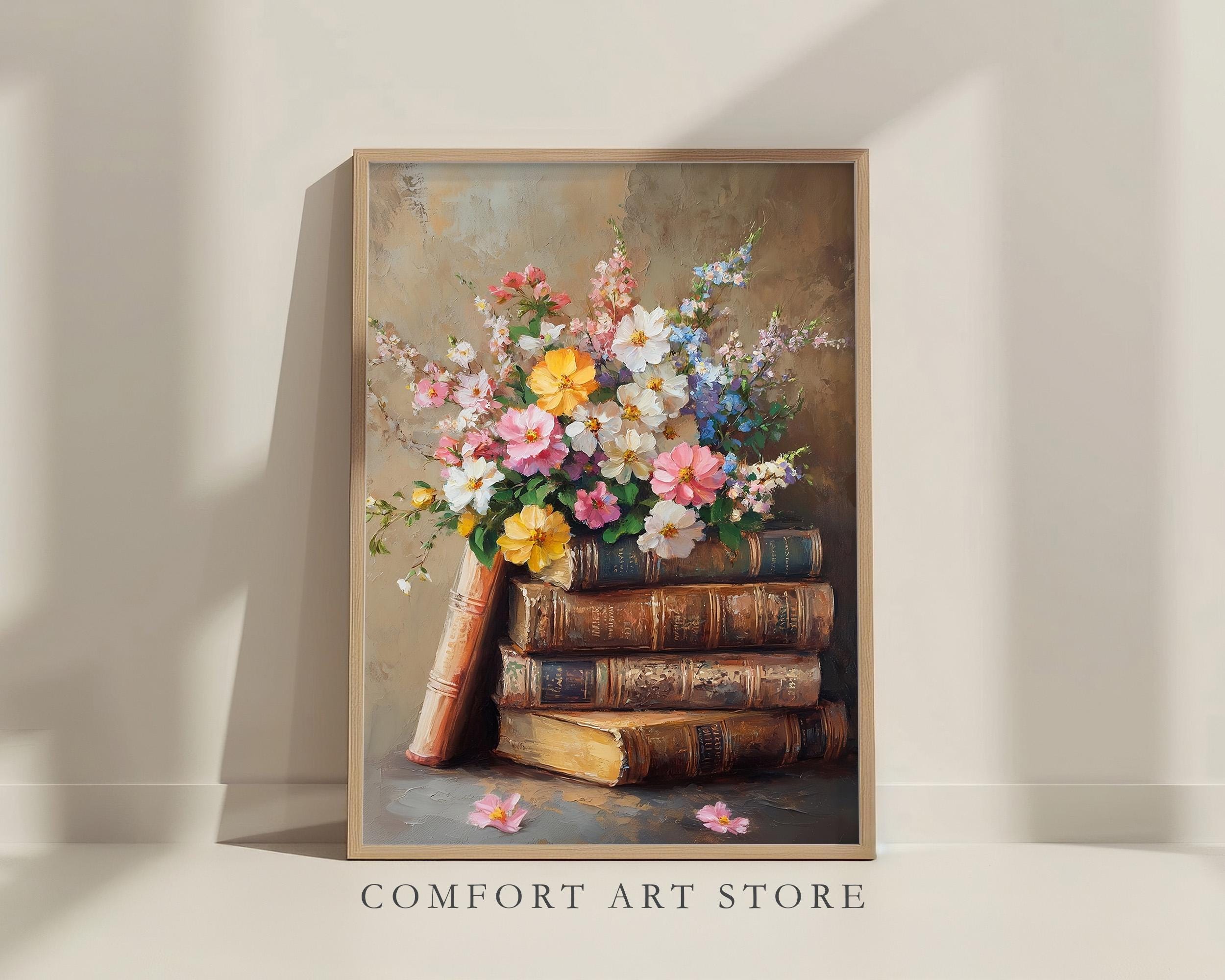 Spring Colored Book Stack Easter Book Stack Print Floral Spring Wall Art Neutral Spring Flower ...