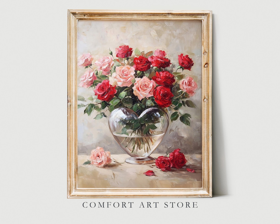Valentines Day Print Heart Vase & Roses Wall Art Valentines Day Vintage ...