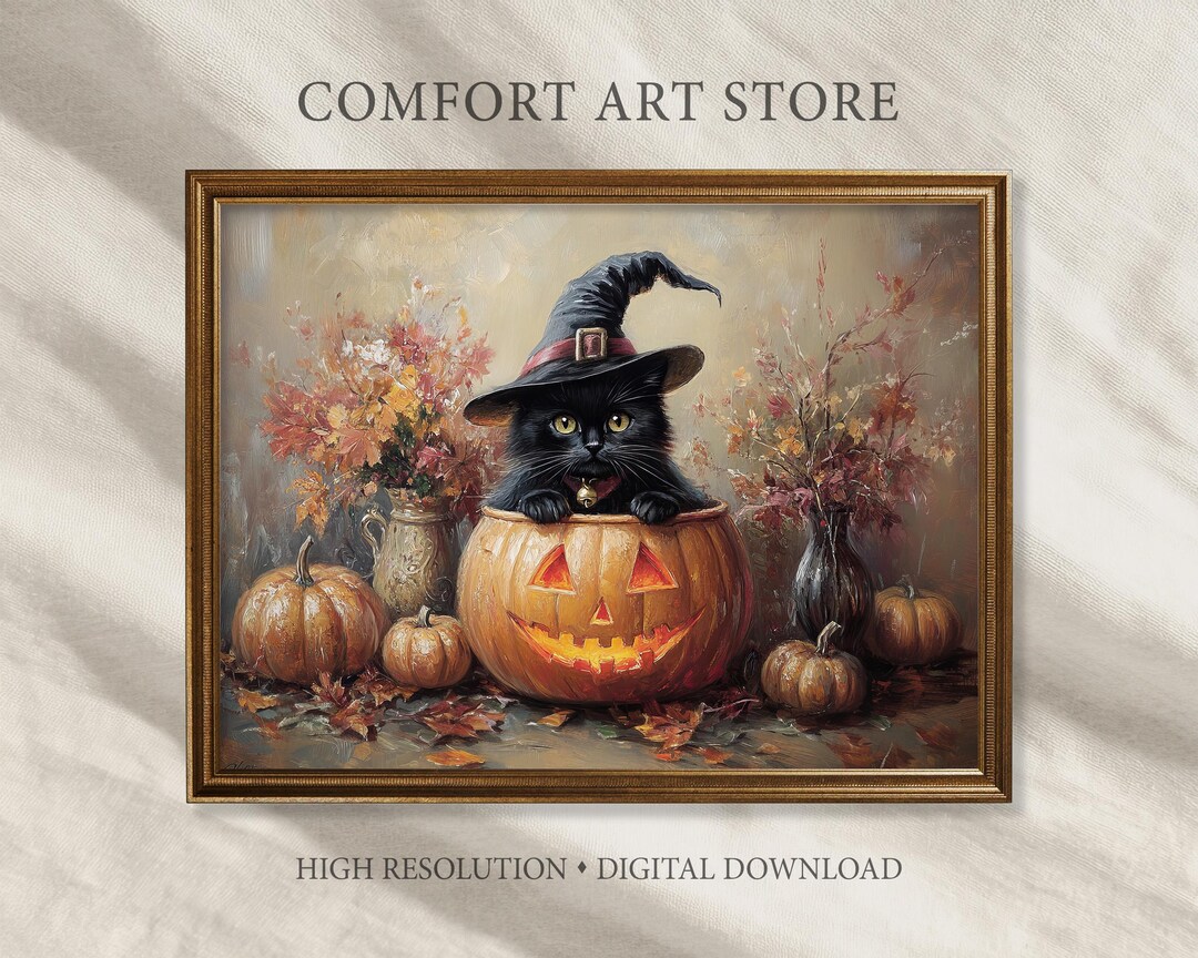 Halloween Printable Wall Art Cat in Pumpkin Jack O Lantern Print ...