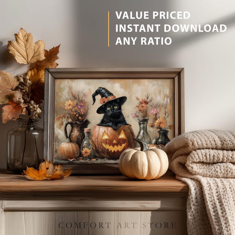 Halloween Printable Wall Art Witch Black Cat Jack O Lantern Print ...