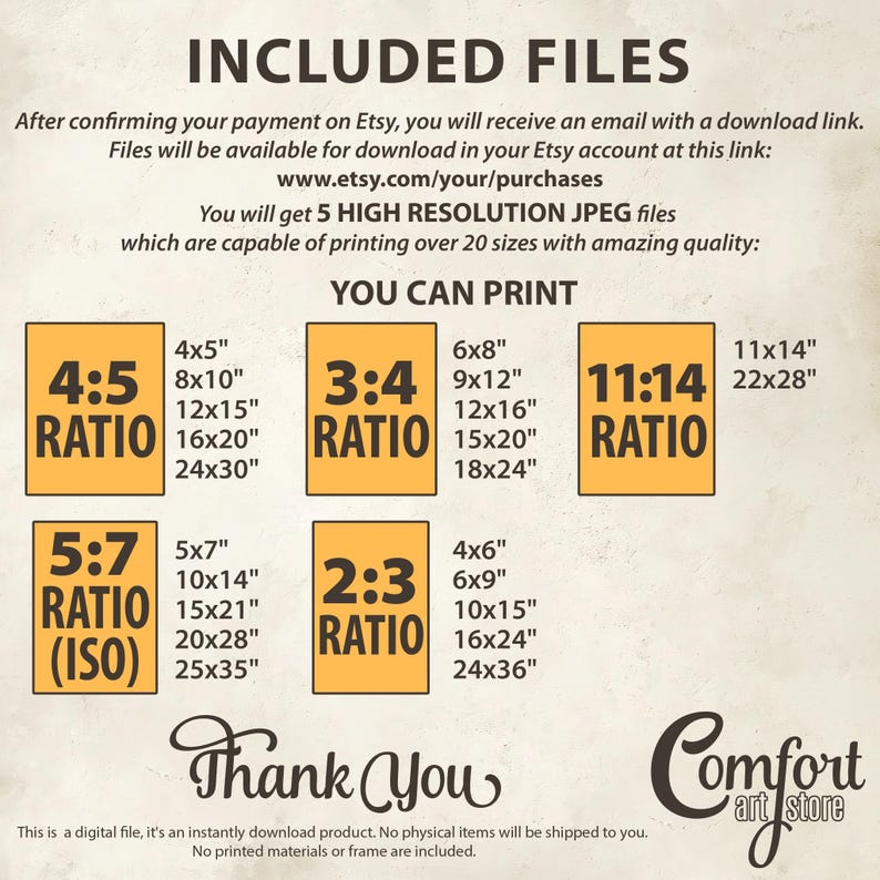 Puede incluir: Un gr&aacute;fico amarillo y blanco con el texto "INCLUDED FILES" y "YOU CAN PRINT". El gr&aacute;fico enumera diferentes relaciones de aspecto para im&aacute;genes digitales, incluyendo 4:5, 3:4, 11:14, 5:7 (ISO) y 2:3, con los tama&ntilde;os de impresi&oacute;n correspondientes en pulgadas.