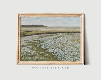 Stampa vintage di un campo di fiori selvatici, dipinto di paesaggio, decorazione rustica da fattoria, arte murale di fiori primaverili, stampabile, dipinto antico neutro