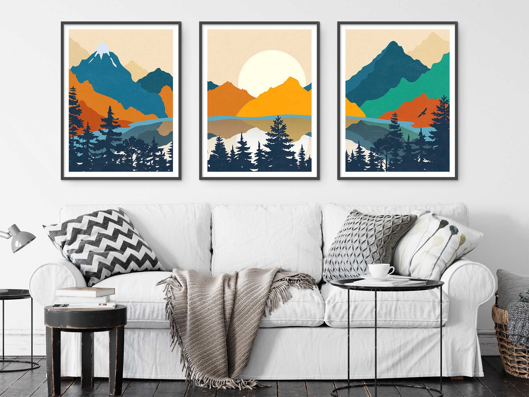 Wall Art Set of 3 Prints Boho Mountain Lake Landscape Boho Etsy