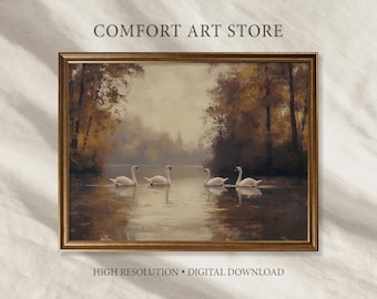 Swan Lake Print Vintage Fall Oil Painting Farmhouse Decor Moody Wall Art Autumn Landscape Printable Forest Swan Pond Country Riverside Print