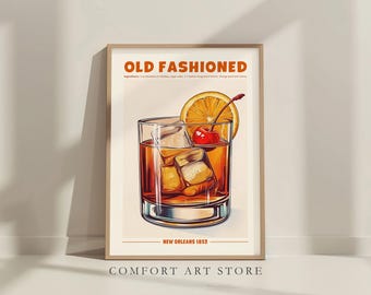 May include: A vintage-style illustration of an Old Fashioned cocktail. The drink is in a rocks glass with ice, a cherry, and an orange slice. The text "OLD FASHIONED" is in a bold, orange font. The text "NEW ORLEANS 1852" is below the glass. The text "COMFORT ART STORE" is at the bottom of the image.