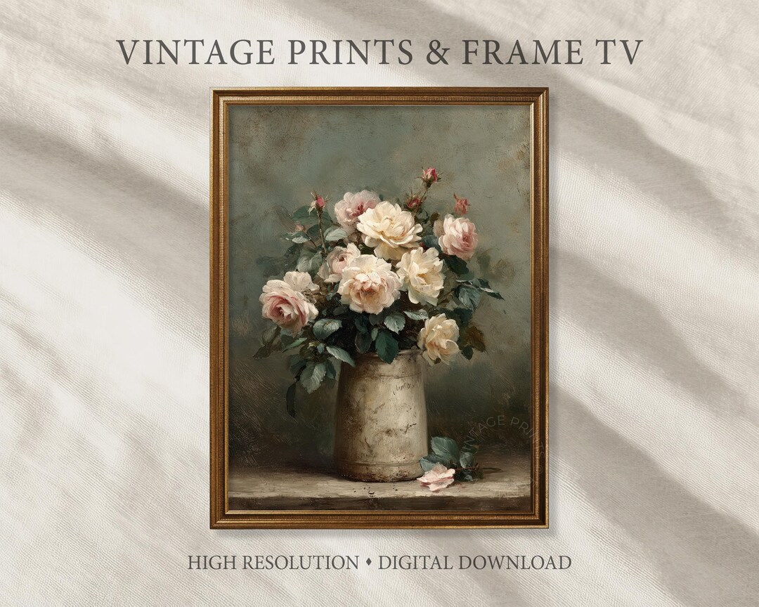 Vintage Rose Still Life Wall Art, Antique Oil Painting Bouquet in ...
