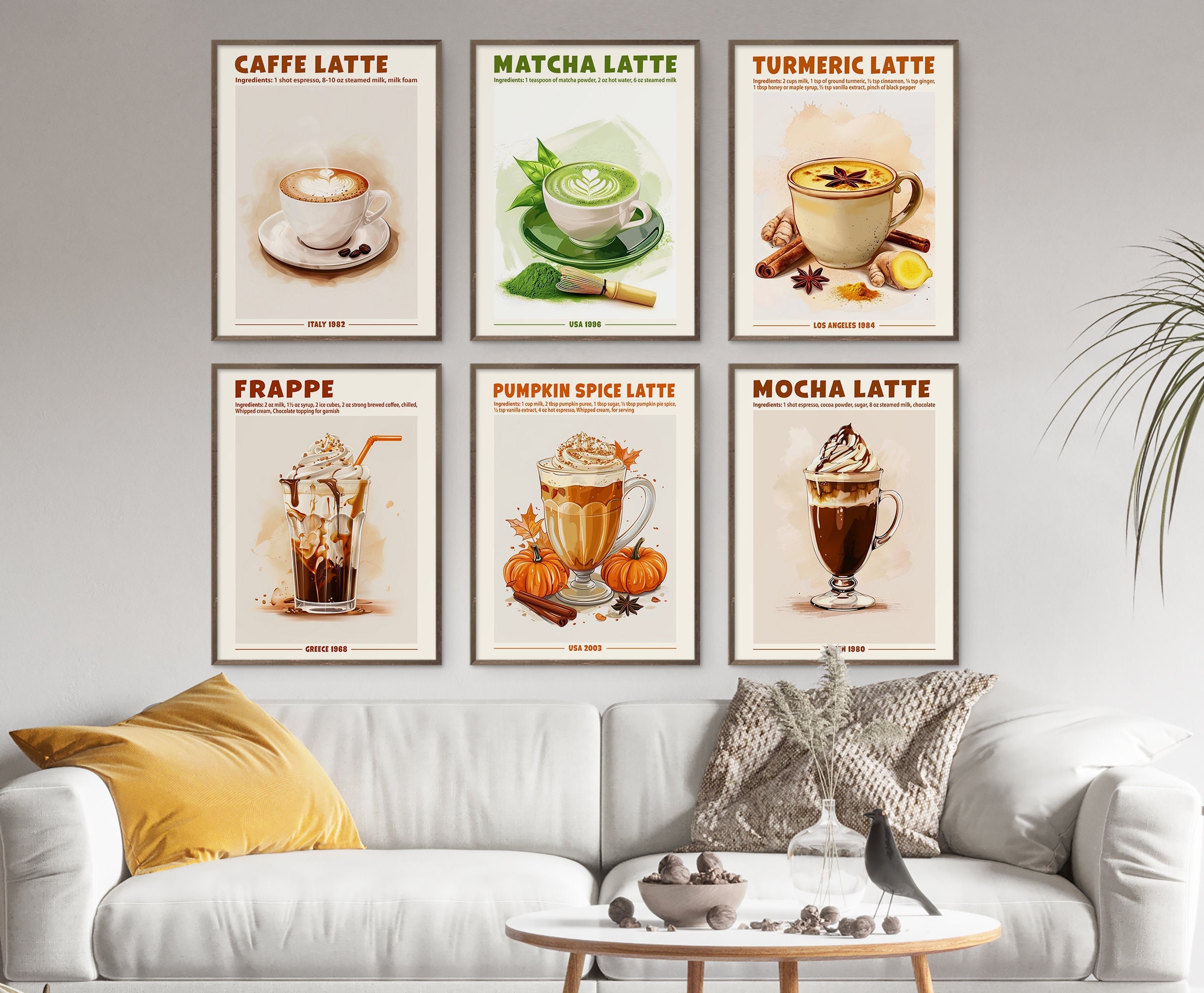 Coffee Print Set of 6 Retro Poster Caffe Latte Matcha Turmeric