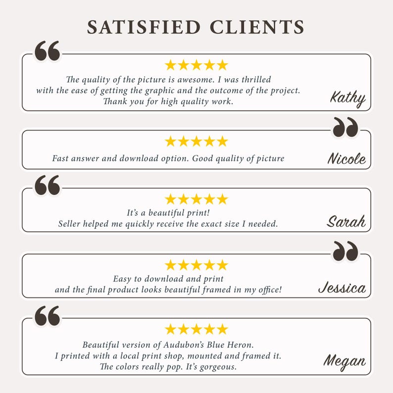 May include: A graphic with the text "SATISFIED CLIENTS" and customer testimonials. Each testimonial includes a 5-star rating and a quote about the quality of the product and service. Names of the clients are also included.