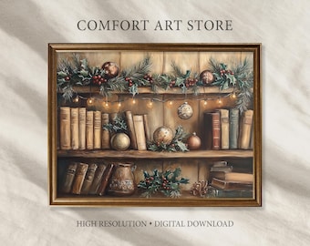 Christmas Wall Art Print Vintage Christmas Bookshelf Painting Holiday Decor Festive Christmas Printable Antique Library Art Book Lover Gift