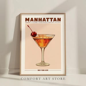 Manhattan Cocktail Print Cocktail Poster Alkohol Cocktail Manhattan Wand Kunst Home Bar Warenkorb Dekor Retro Drink Zeichen Manhattan Rezept druckbar