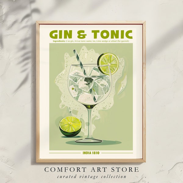 Gin and Tonic Cocktail Print. Classic Alcohol Cocktail. Retro Cocktail Exhibition Poster. Home Bar Cart Decor Gin & Tonic Cocktail Printable