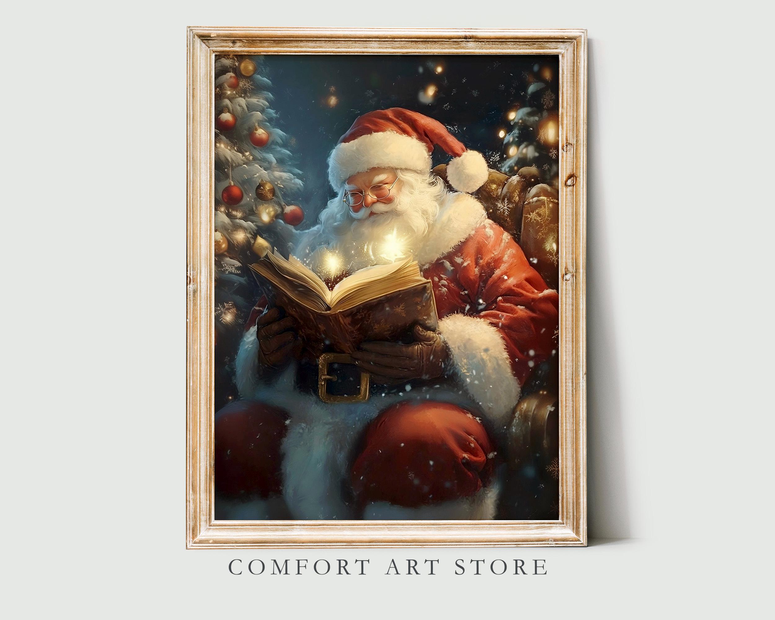 ヴィンテージサンタの読書、クリスマスツリー、ホリデーウォールアート