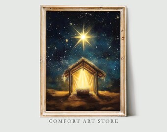 May include: A painting of a wooden manger with a bright star shining above it. The manger is set against a dark blue night sky with a scattering of stars. The scene is illuminated by a warm, golden light.