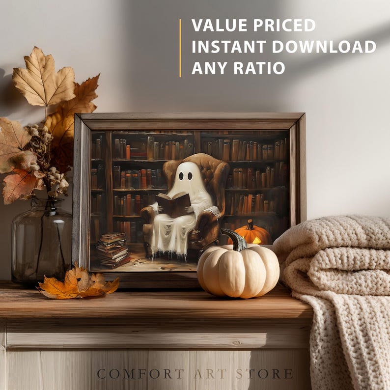 Halloween Cute Ghost Reading Book Print Vintage Gothic Printable Wall ...