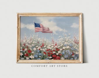 Independence Day Print 4th of July American Flag Printable Flowers Wall Art Vintage Decor Wildflower Field Patriotic USA Flag Painting Print
