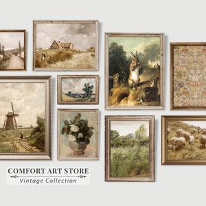 Vintage Wall Art Print Set of 9 Cottage Oil Painting Farmhouse Scenery Bouquet Roses Rabbit Rustic Decor Tapestry Antique Windmill Landscape