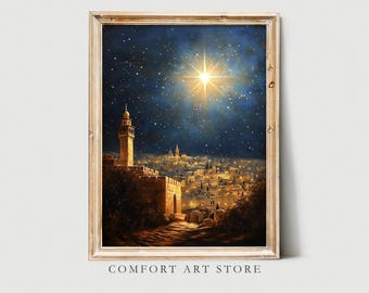 May include: Framed art print depicting a nighttime cityscape under a starry sky, with a bright star illuminating the scene. The artwork features a warm color palette with a focus on the city's architecture and a prominent tower. The text "COMFORT ART STORE" is at the bottom.