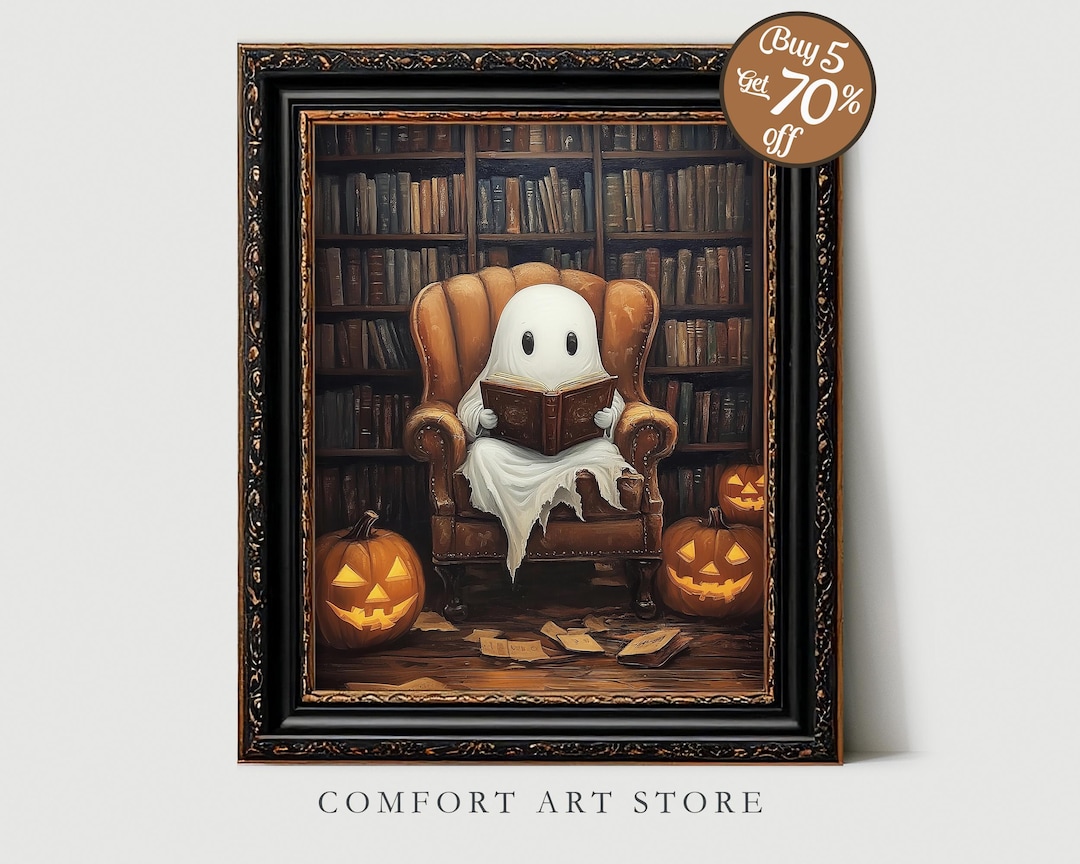 Halloween Cute Ghost Reading Book Print Vintage Gothic Printable Wall ...