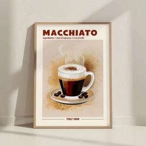 レトロなマキアートコーヒープリント。ホームバーの装飾、カートサイン、キッチン、カフェ用。コーヒー愛好家へのギフト。ドリンクポスター、マキアートレシピウォールアート