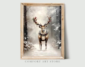 Vintage Christmas Reindeer Print Christmas Wall Art Winter Printable Christmas Print Deer Painting Reindeer Wall Art Rustic Christmas Art
