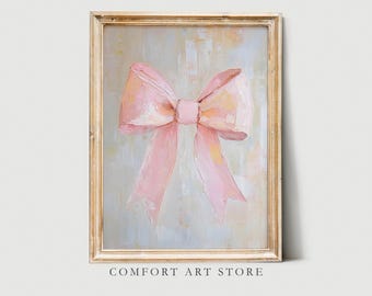 Pink Bow Print Valentines Day Wall Art Vintage Oil Painting Pink Nursery Decor Romantic Coquette Pink Bow Painting Neutral Girl Room Decor