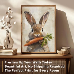 May include: A painting of a brown rabbit holding a carrot in its paws. The rabbit is looking directly at the viewer. The background is a light beige color.