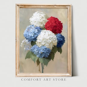 Independence Day Print 4th of July Printable Vintage Bouquet of Hydrangeas Summer Flower American Flag Decor Patriotic USA Painting Download