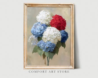 Independence Day Print 4th of July Printable Vintage Bouquet of Hydrangeas Summer Flower American Flag Decor Patriotic USA Painting Download