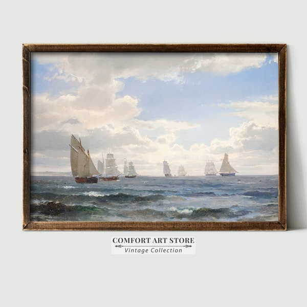 Vintage Sailboat Wall Art Print Seascape Oil Painting Muted Nautical Boys Room Home Decor Antique Ocean Ship Printable Marine Poster Digital