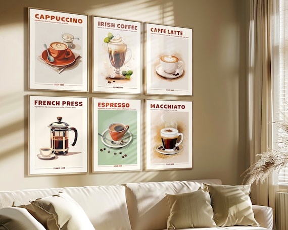 Coffee Print Set of 6 Retro Poster Cappuccino Irish Coffee Caffe
