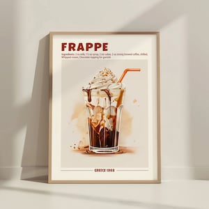 フラッペ ラテ コーヒー プリント。ホーム バー キッチンまたはカフェの装飾カート サイン。コーヒー愛好家へのギフト。レトロなドリンク ポスター フラッペ ラテ レシピ ウォール アート