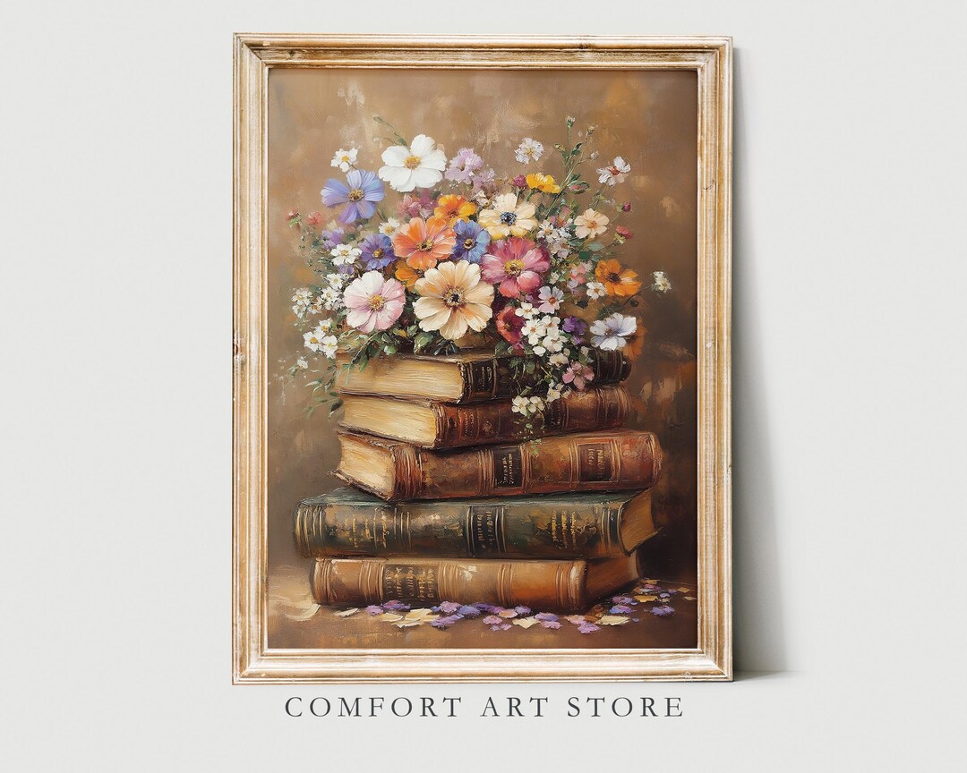 Spring Colored Book Stack Easter Book Stack Print Floral Spring Wall Art Neutral Spring Flower ...