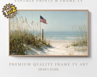 Independence Day American Flag Beach Painting Frame TV Art Vintage Oil Painting Coastal Dune Samsung Frame TV Art