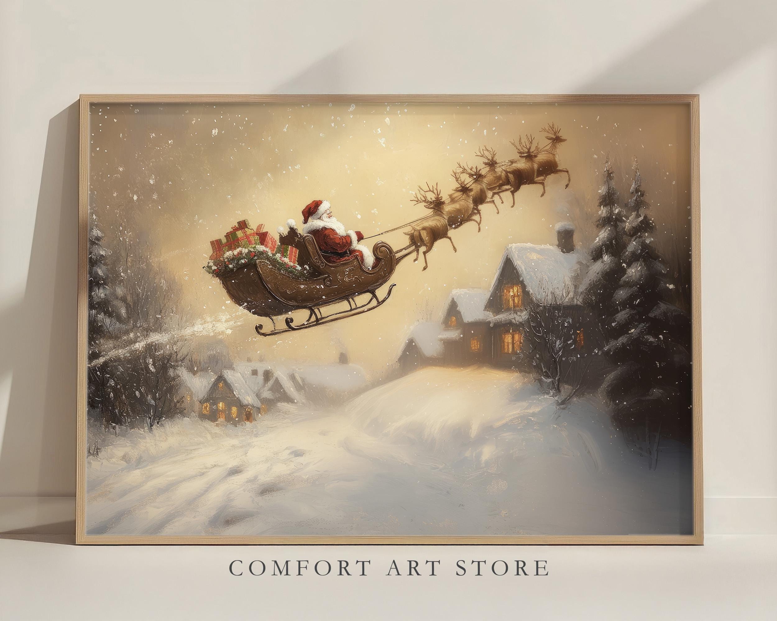 Christmas Wall Art Print Vintage Santa Claus Sleigh Pulled Reindeer ...