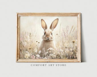 Vintage Easter Bunny Print: Neutral Wildflower Meadow (Digital Download)