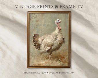 Vintage turkey painting printable, rustic farmhouse wall art, neutral bird portrait for kitchen dining room Thanksgiving decor