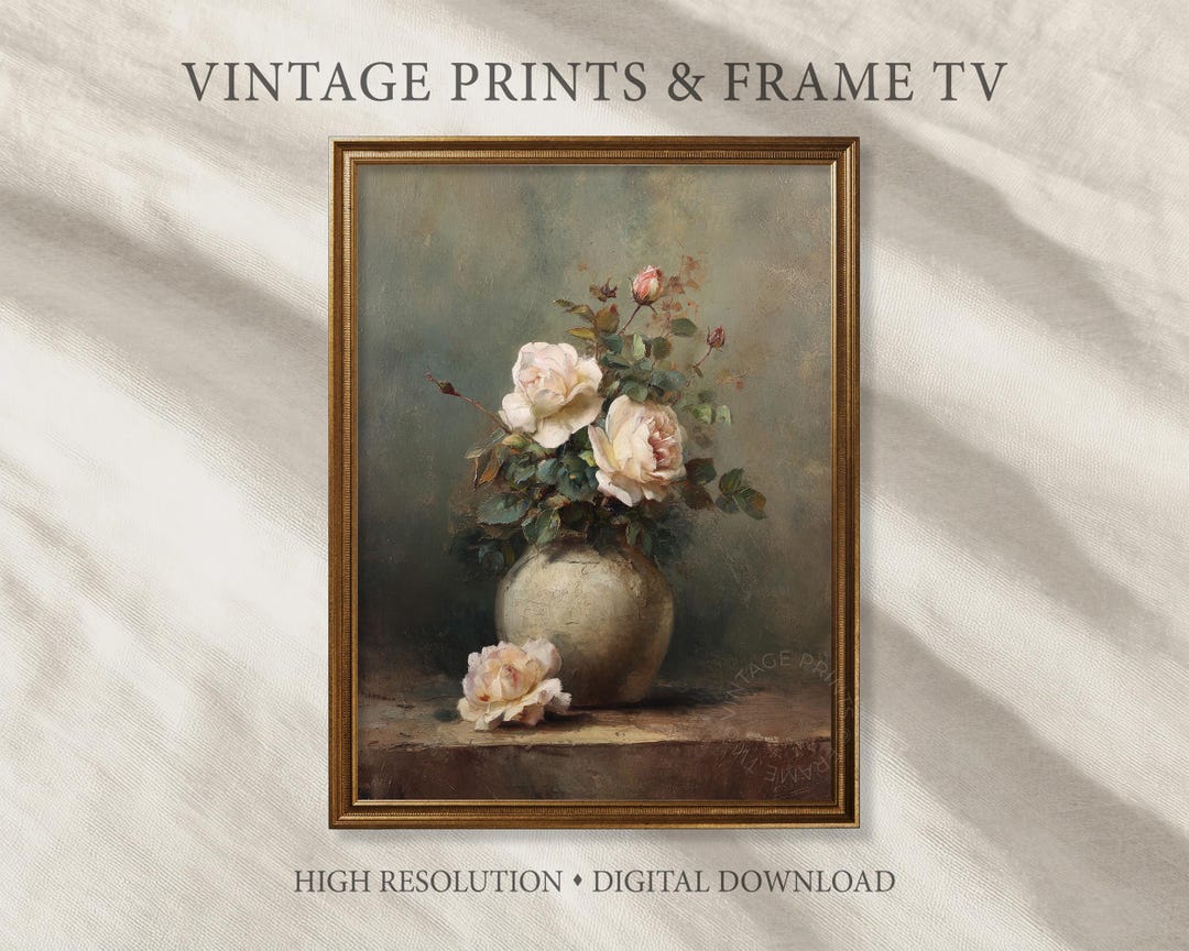 Vintage Rose Still Life Wall Art, Antique Oil Painting of Pale Roses in ...