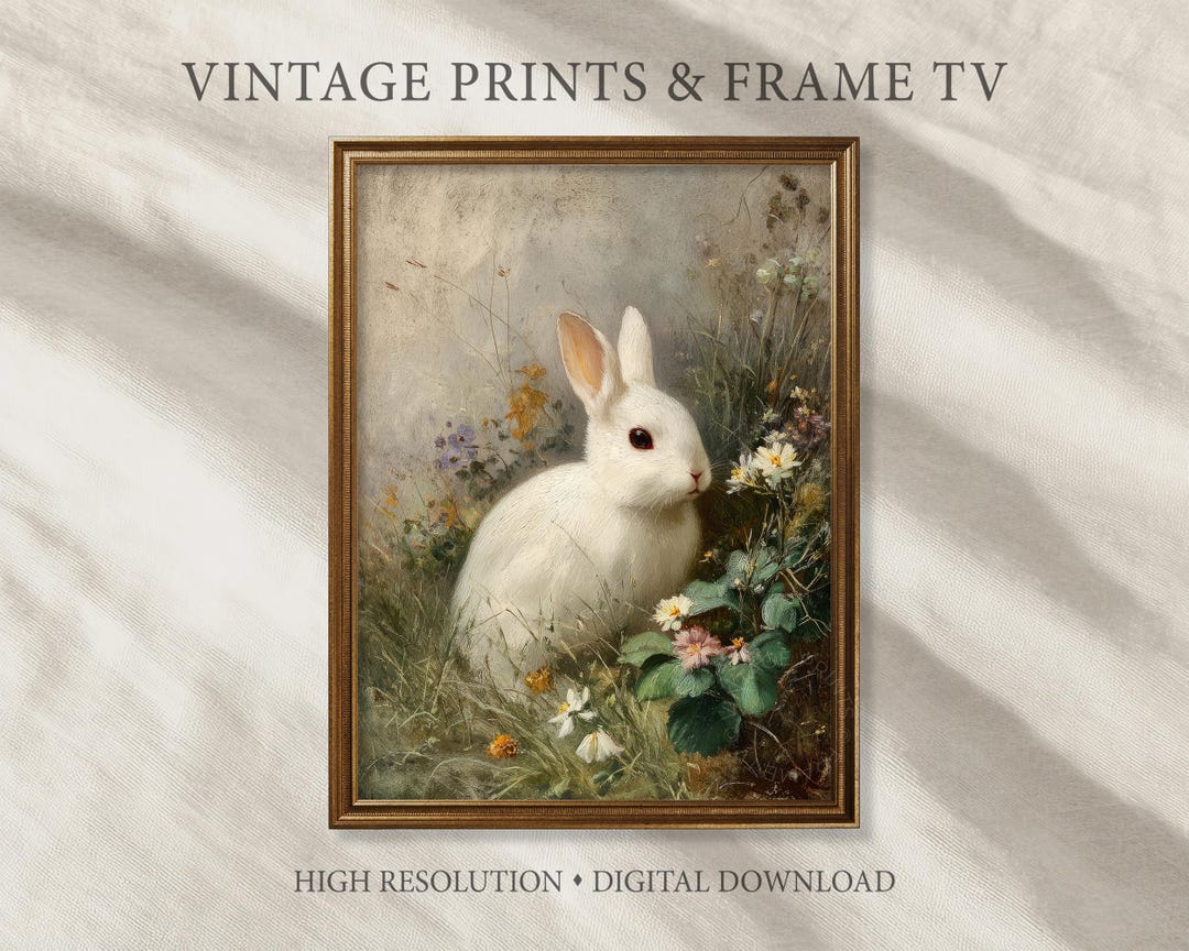 Easter Wall Art Print Spring Rabbit Moody Meadow Flowers Vintage Bunny ...