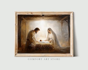 May include: A painting depicting the Nativity scene with Joseph, Mary, and the baby Jesus in a stable. The painting is done in a realistic style with warm colors and soft lighting.