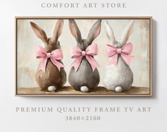 Easter Frame TV Art Samsung Frame TV Neutral Easter Bunny Frame TV Easter Rabbit Pink Ribbon Bow Painting Vintage Frame Tv Art Kids Decor Tv