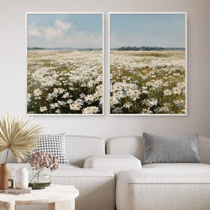 Wildflower Field Set of 2 Prints Vintage Landscape Printable Summer Print Flower Painting Daisy Field Print Muted Spring Scenery Wall Art