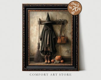 Halloween PRINTABLE Wall Art Vintage Witch Hat Broomstick Print Moody Broom Spooky Decor Witchcore Painting Dark Academia Digital Download