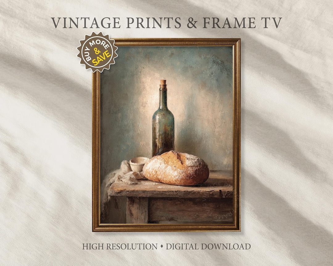 Rustic Bread and Wine Bottle Still Life Wall Art, Vintage Oil Painting ...